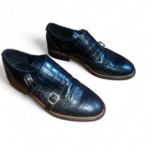 Cosmoparis Woman's Black Leather Crocodile Monk Strap Loafers SZ 37 EU